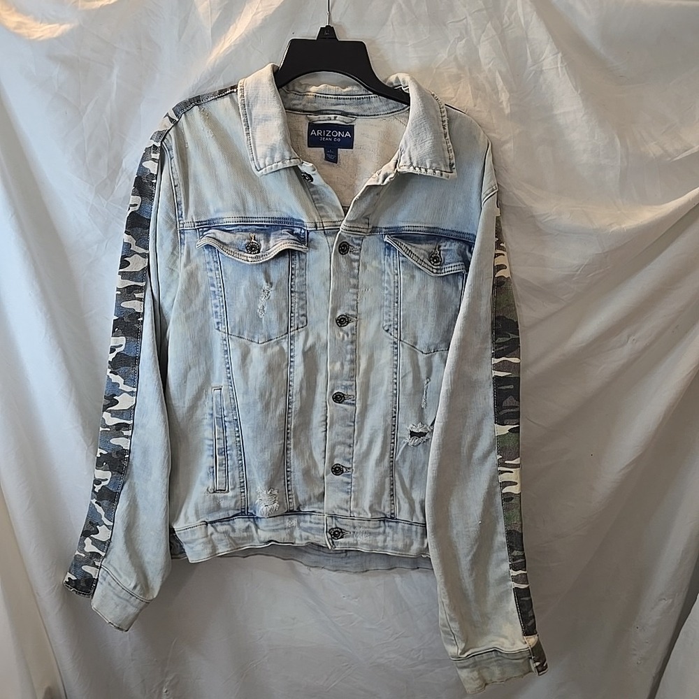 Arizona Jeans Co Acid Wash Distressed Denim Jacket W/ Camo Accents Sz L Y2K 90s